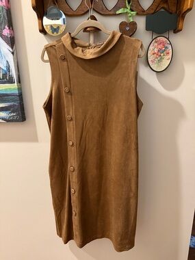 J. McLaughlin Sleeveless Tan-Brown Button-Front Suede Like Shift Dress XL